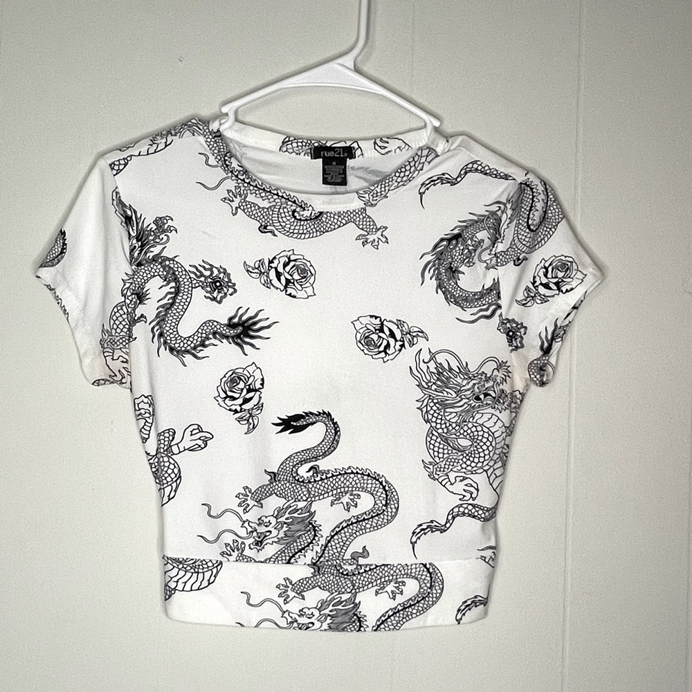 White Dragon Print Crop Top